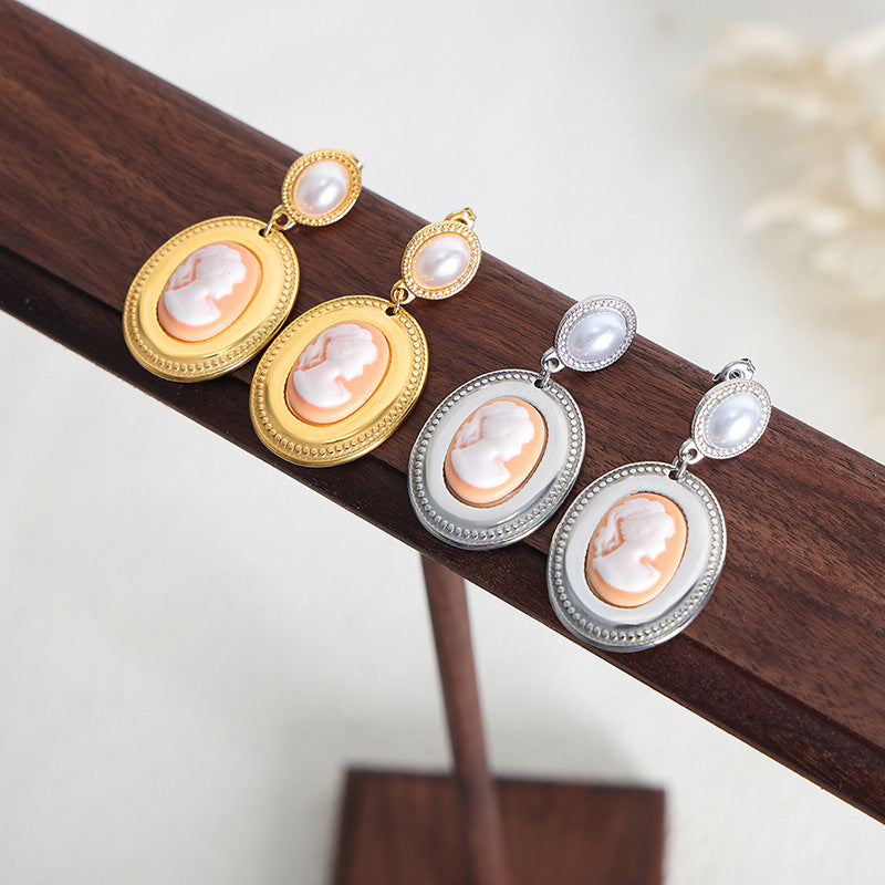 Wholesale Baroque Pearl Oval Portrait Gold Plated Earrings